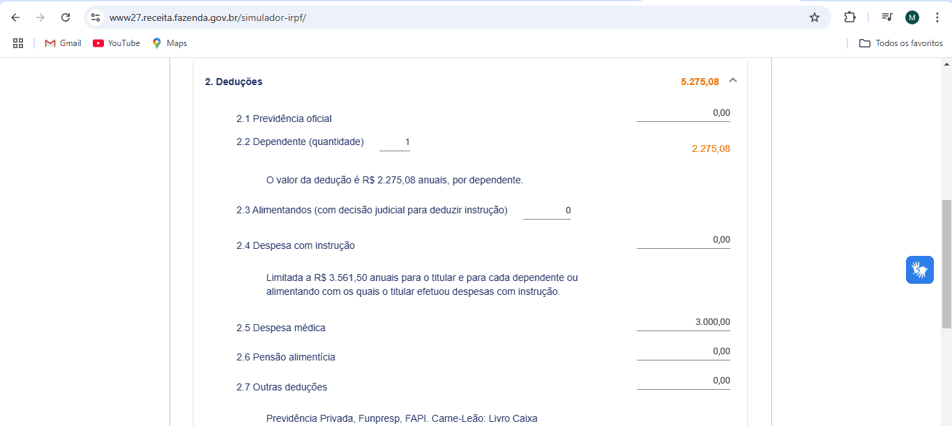 Terceiro passo para simular o valor do IRPF