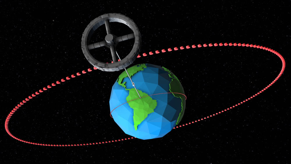 Ilustração de um elevador da Terra até o espaço.