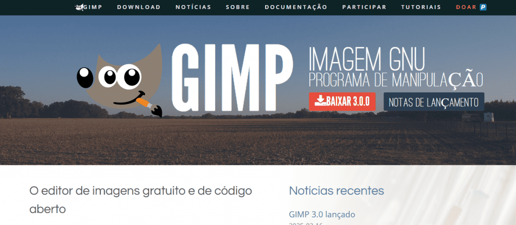 Captura de tela do site GIMP