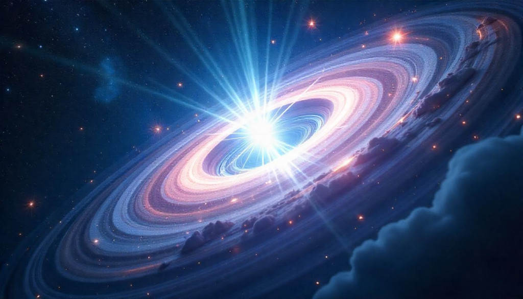 Imagem conceitual de um buraco branco: uma explosão de luz expelindo matéria e energia para o espaço, com partículas se espalhando